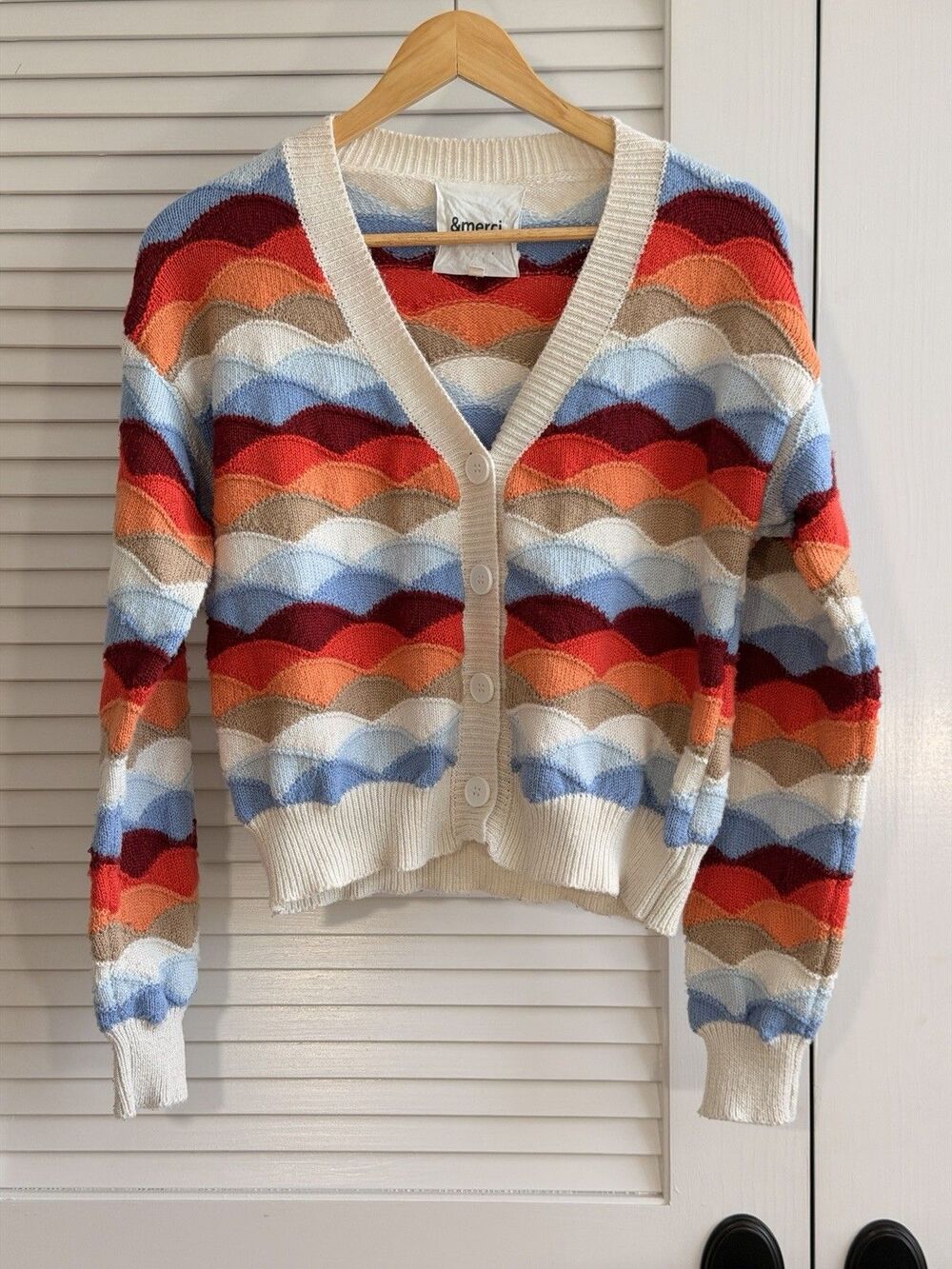 &merci En Merci Cardigan Small Multicolor Wavy Stripe Cropped Sweater Retro